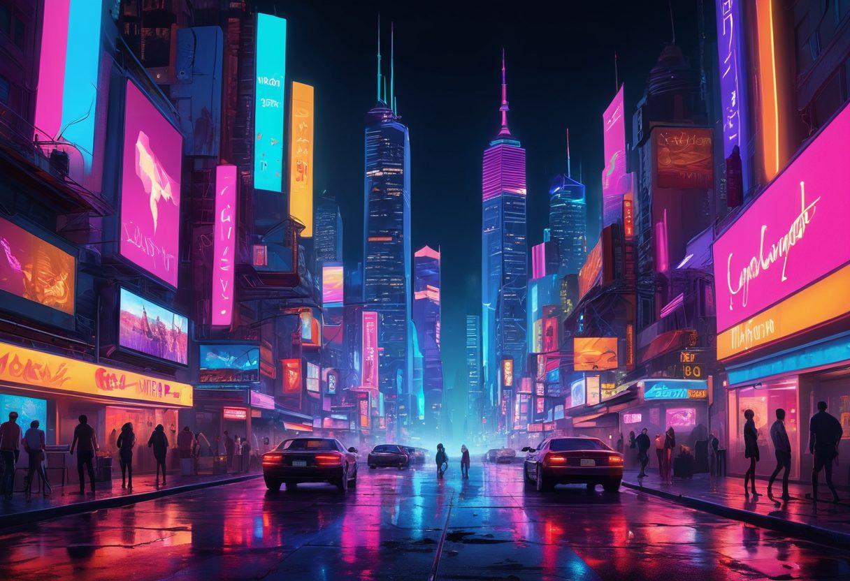 A vibrant, dynamic cityscape representing diverse cultures and artistic expressions in the realm of animated erotica. Include elements like colorful neon lights, playful characters, and a whimsical atmosphere that encapsulates the essence of gay adult entertainment. Incorporate animated motifs and suggestive shapes to convey a sense of freedom and exploration. The skyline should be filled with silhouettes of iconic landmarks representing unity and acceptance. super-realistic. vibrant colors. cyberpunk.