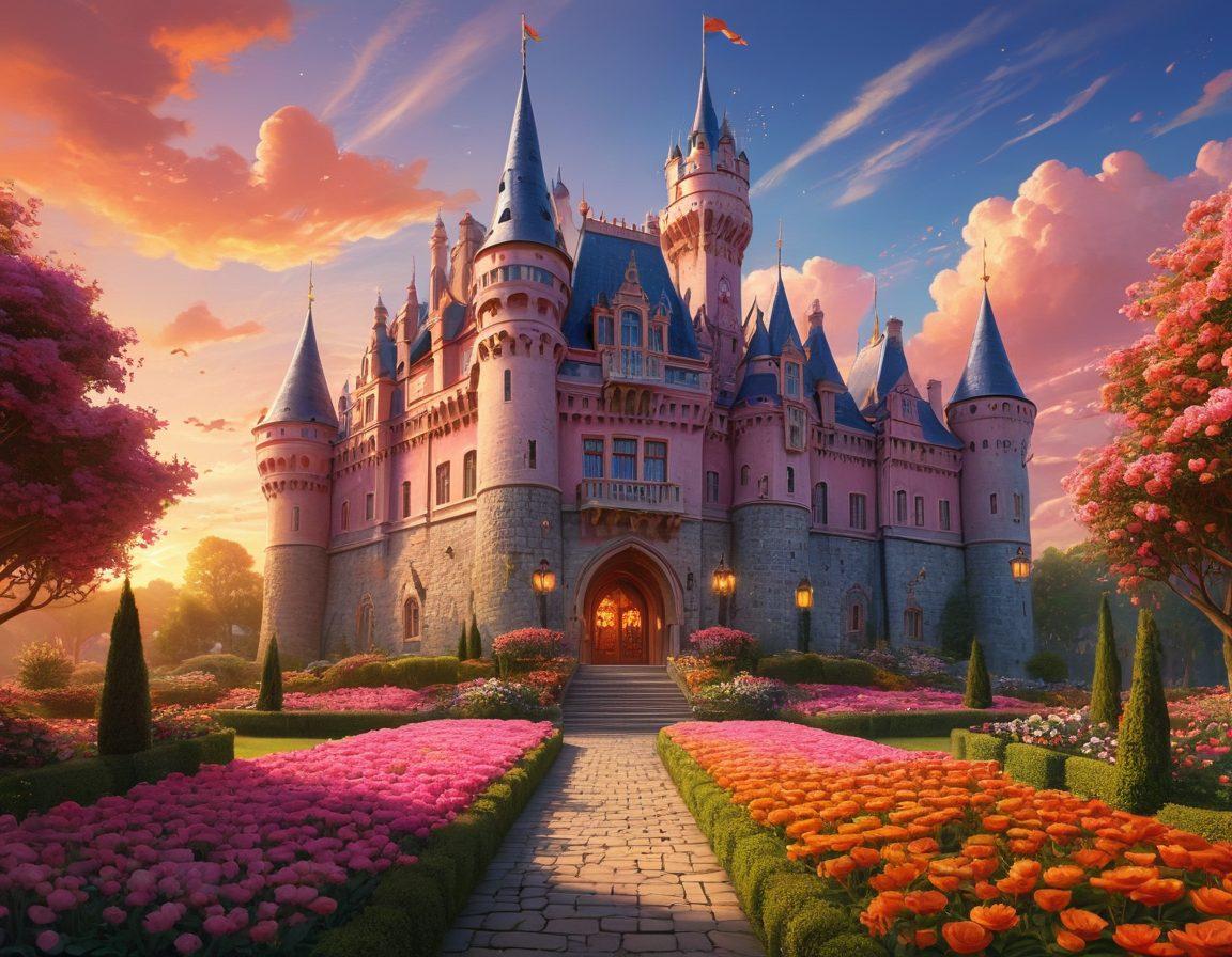 A whimsical, fantastical royal castle surrounded by lush gardens, filled with colorful, playful characters representing various LGBTQ+ identities in animated style. Include elements of erotica tastefully illustrated, like abstract patterns and playful motifs in the background. The scene should be vibrant, inviting, and celebratory, capturing the essence of animated adult entertainment. Bright colors against a dreamy sunset sky. vibrant colors. fantasy art. cartoon style.