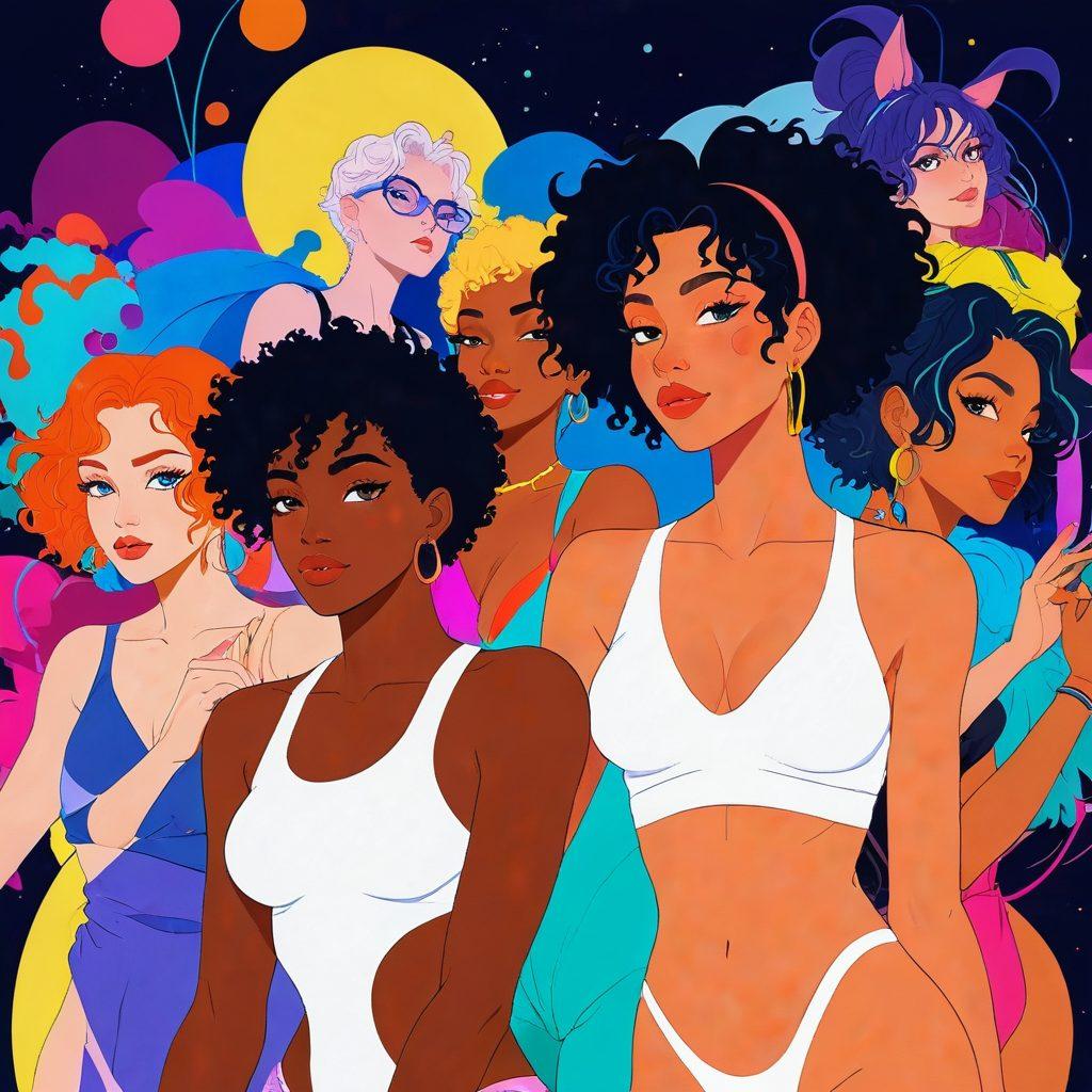 A vibrant and artistic collage showcasing diverse queer characters from animated erotica, blending visual styles from anime to adult films. Include bold colors and dynamic poses that express intimacy and exploration, surrounded by whimsical elements like neon lights and abstract shapes. Highlight fluidity in gender representation and sexual diversity through expressive art forms. Playful and provocative, yet respectful. vivid colors. digital painting.